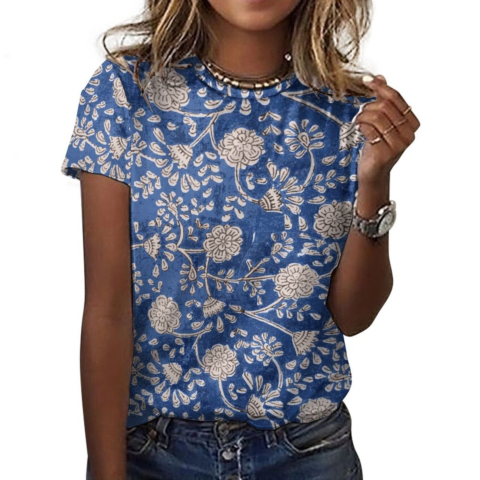 Blue Floral Print Casual T-Shirt 100 % cotton fabric