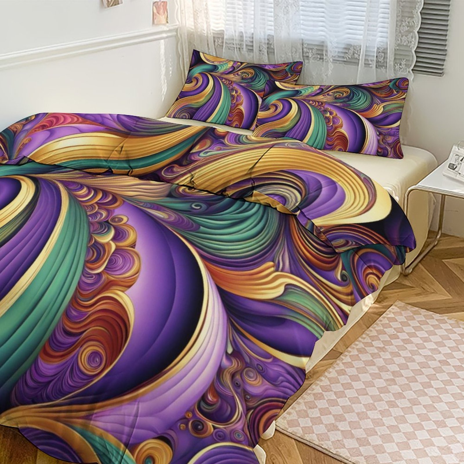 Abstract Swirl Purple Teal Gold 3-Piece Bedding Set