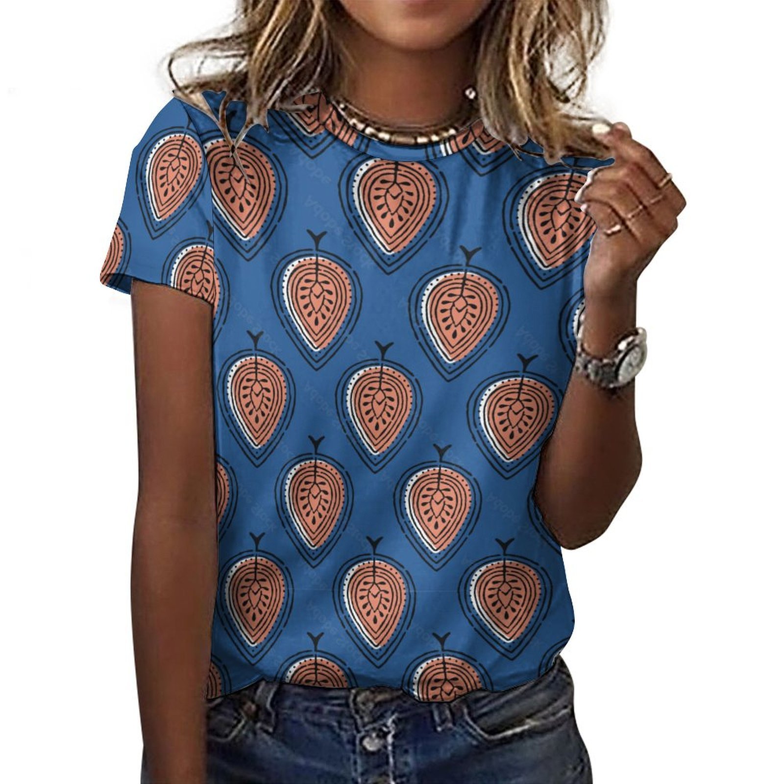 Blue & Rust Leaf Print T-Shirt