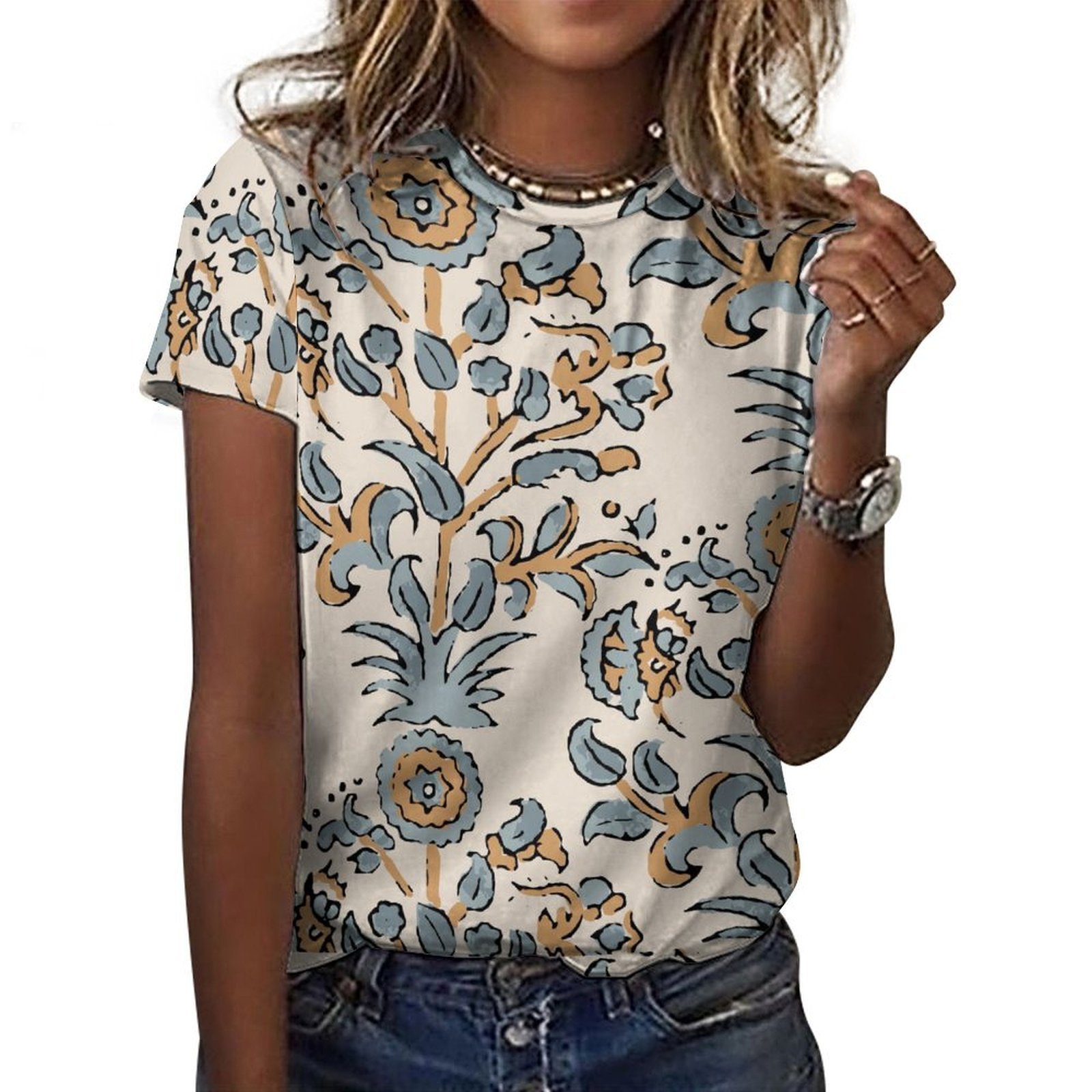 Beige & Blue Floral Print Casual T-Shirt