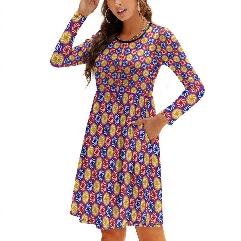 Eternity sign Round neck baggy dress Long Sleeves Round-Neck Dress with Pockets