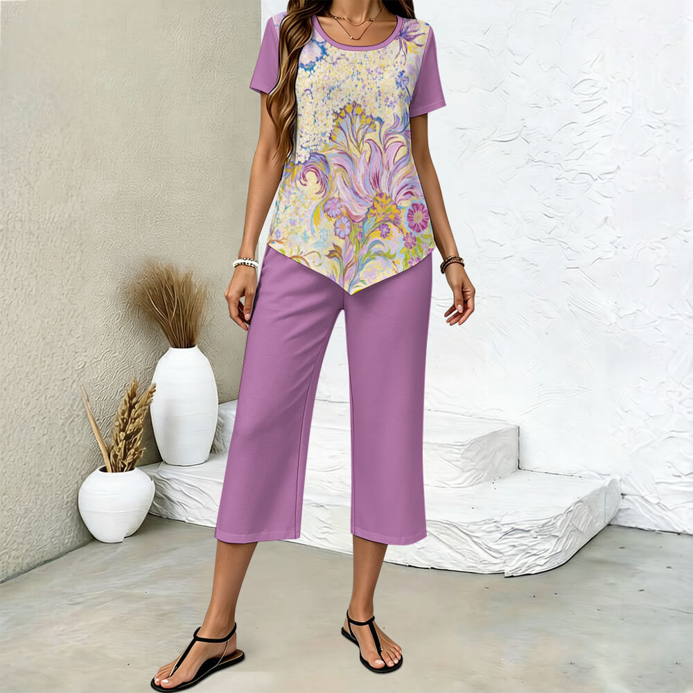 Custom Women Irregular Hem Top Cropped Wide Leg Pants Set