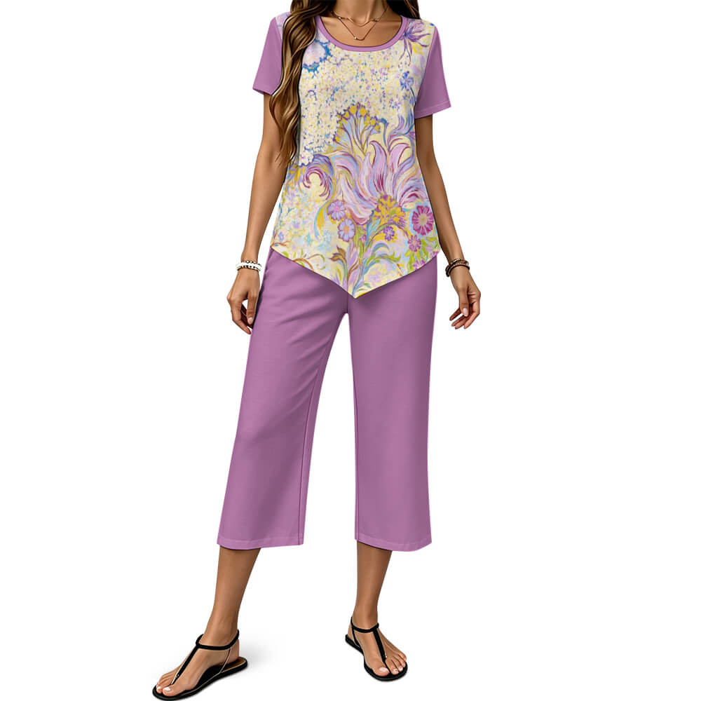Custom Women Irregular Hem Top Cropped Wide Leg Pants Set