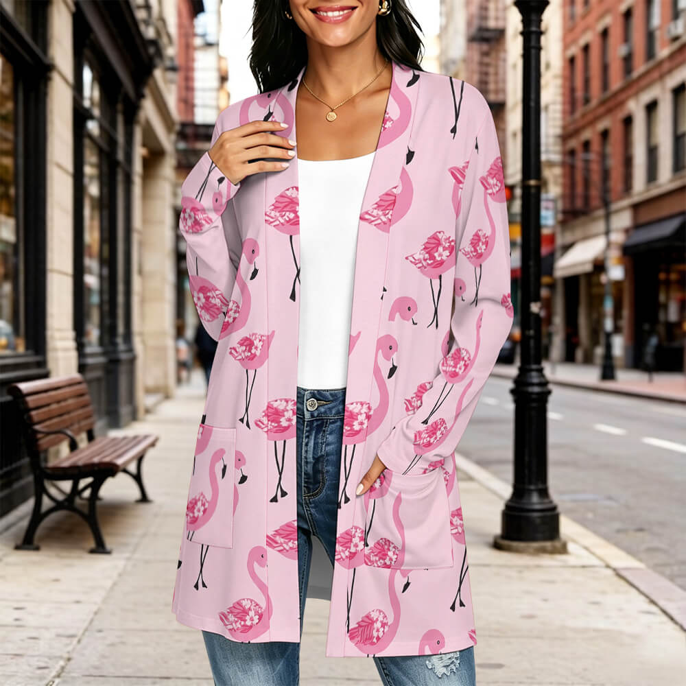 Custom Women Long Pocket Open Front Casual Cardigan