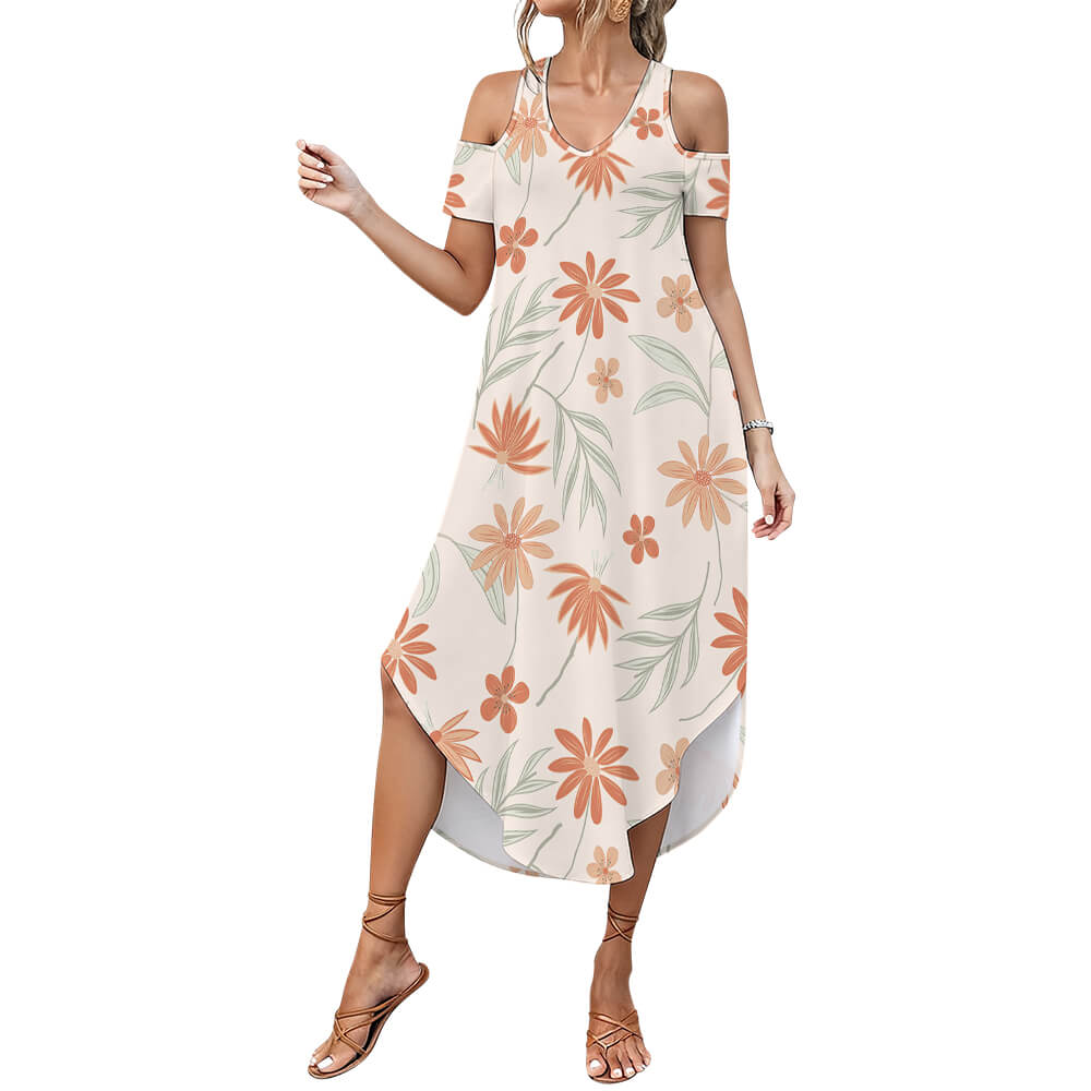 Custom Women's Cold Shoulder V Neck Maxi Dress