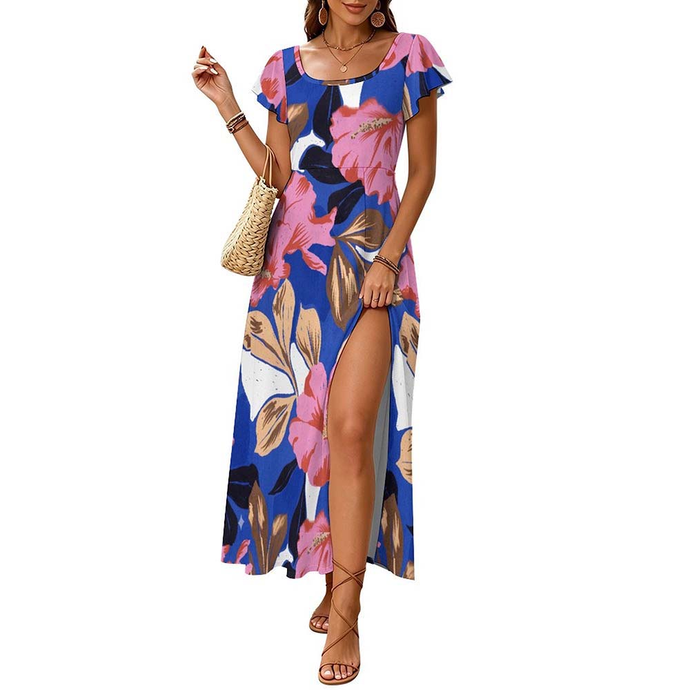 Custom Women Square Neck Flutter Sleeve High Slit Maxi Dress