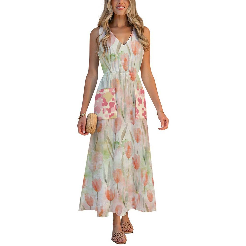All-Over Print Women's Casual Sleeveless V-neck Midi Dress With Pockets