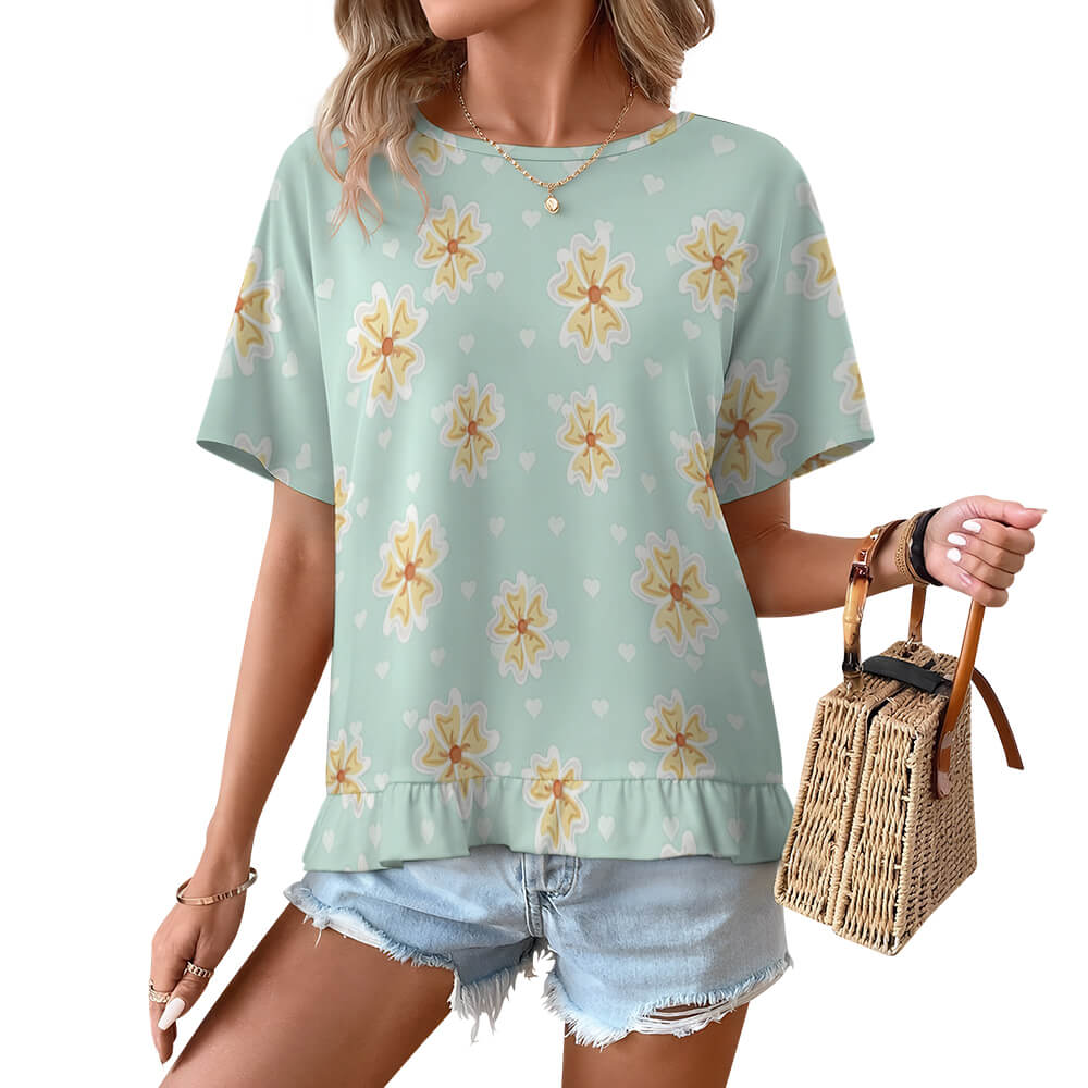 Custom Women's  Crew Neck Ruffled Hem T Shirt