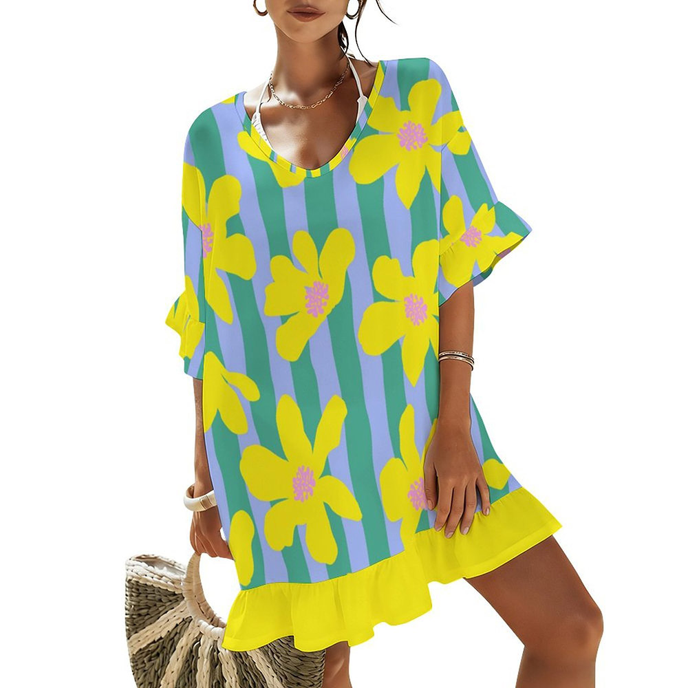 Customizable Women's Ruffled V Neck Swimsuit Cover-Up