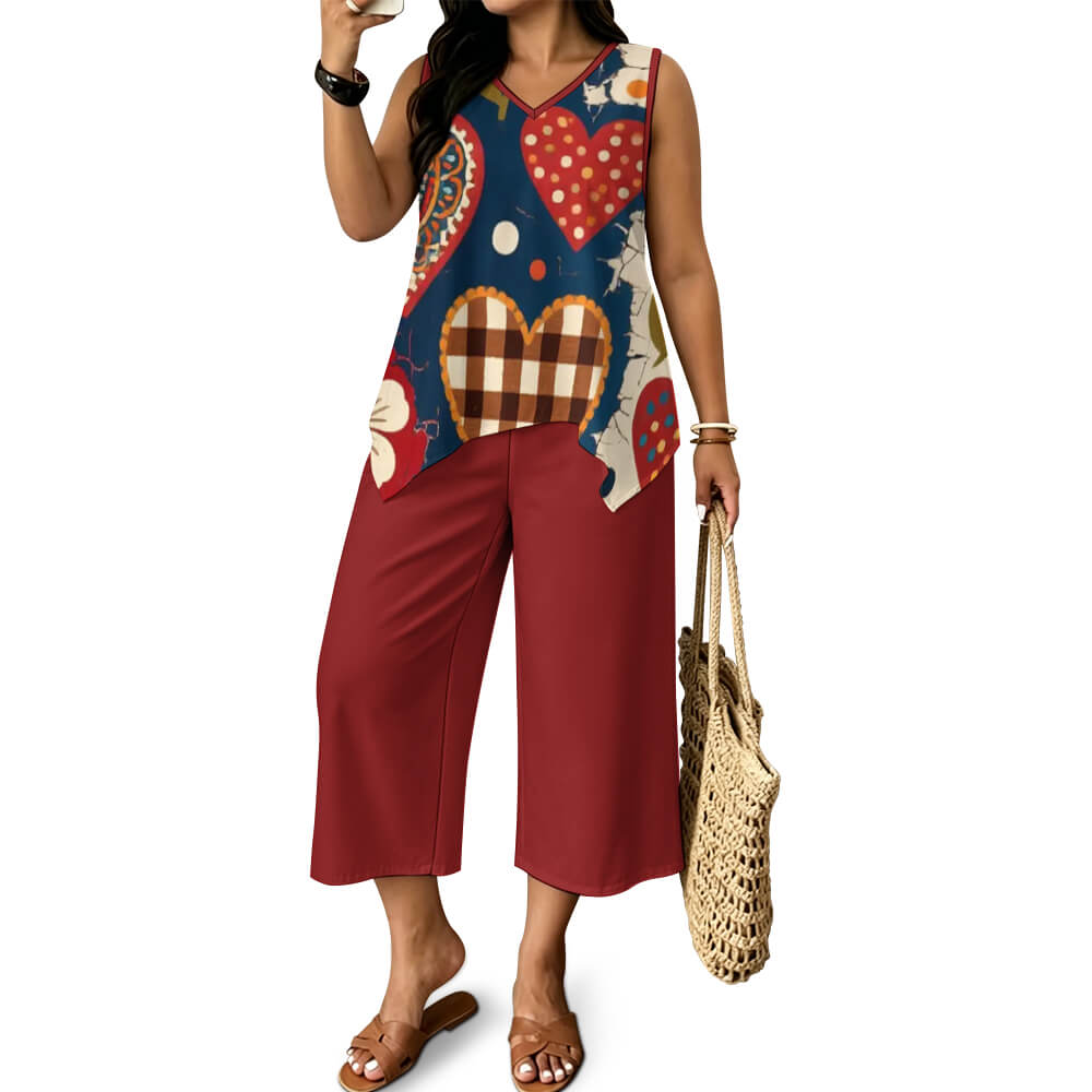 Custom Women V Neck Sleeveless Irregular Top Cropped Wide Leg Pants Set