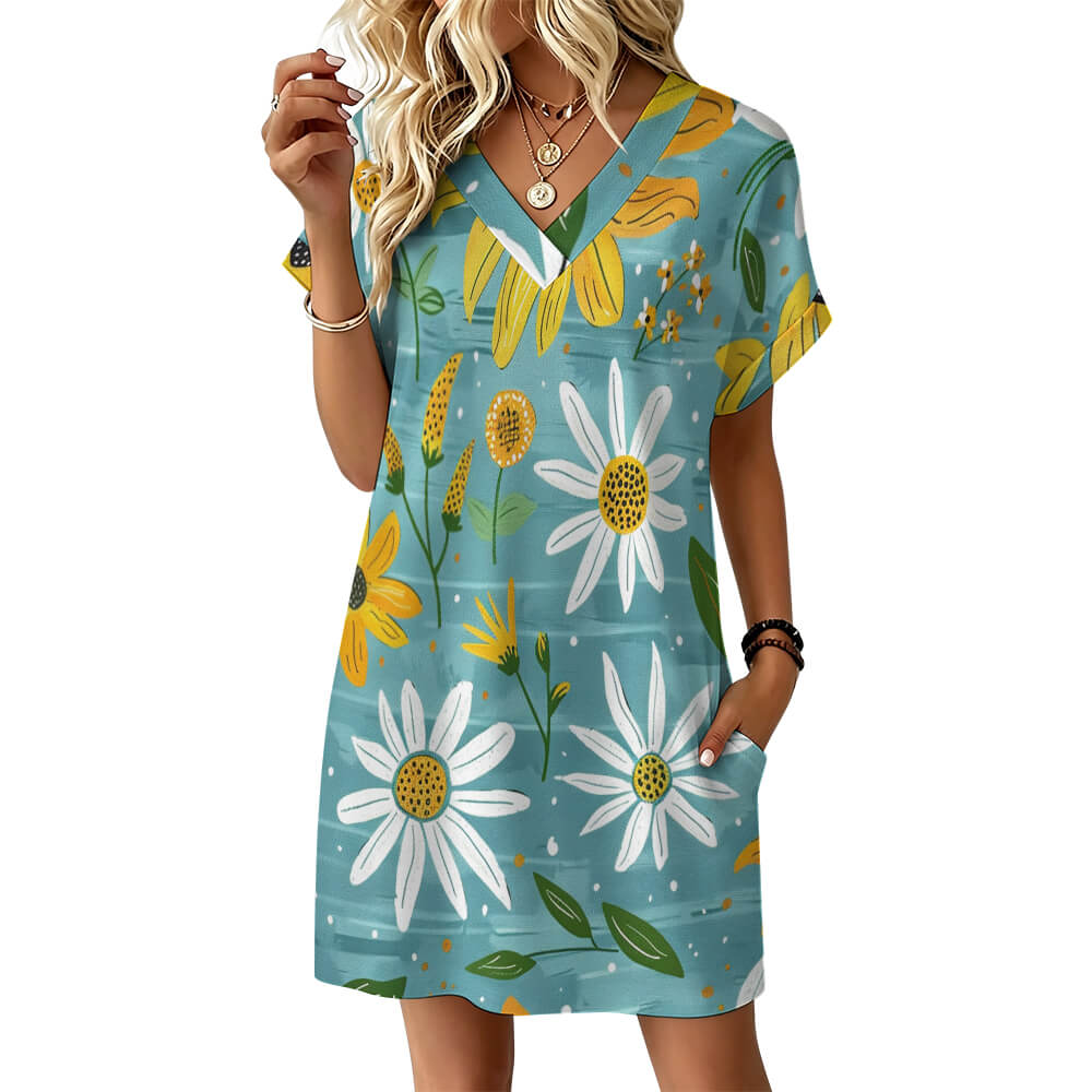 Custom Women V Neck Short Sleeve Pockets Mini Casual Dress