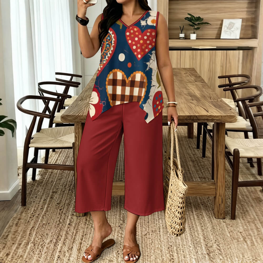 Custom Women V Neck Sleeveless Irregular Top Cropped Wide Leg Pants Set