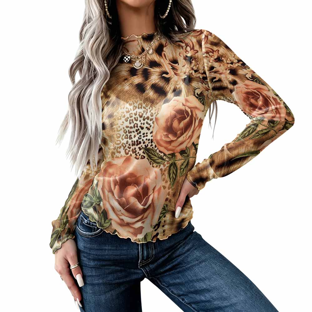 Custom Women High Neck Long Sleeved  Mesh Top