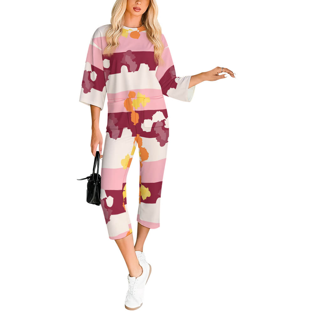 Custom Womens 3/4 Sleeve Loose Top With Capri Pants Jumpsuit