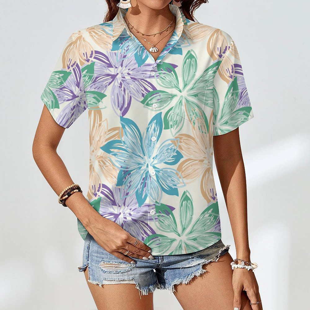 100% Cotton Custom Women Short Sleeved Shirt With Pocket