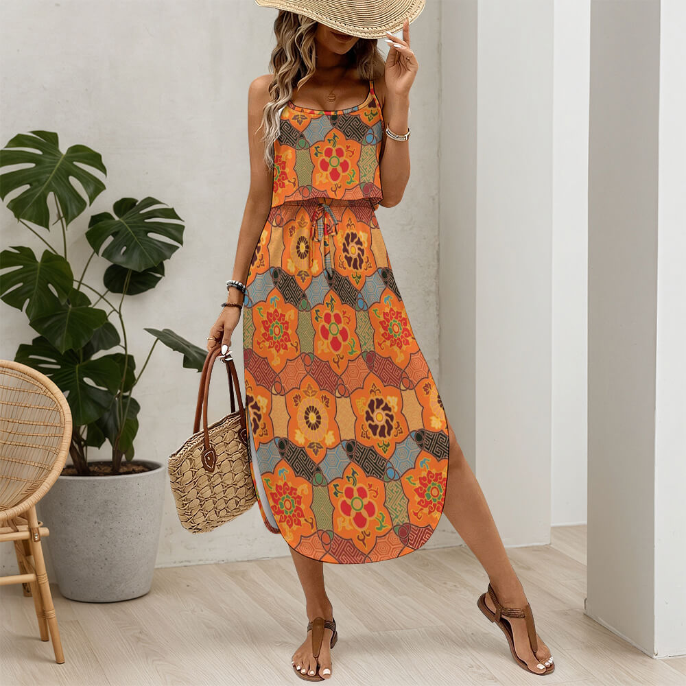 Custom Womens Spaghetti Strap Tie Waist Midi Dress