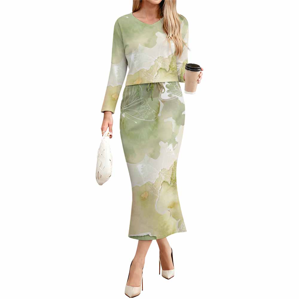 Customizable  Women's Long Sleeve V-Neck Top & Mermaid Midi Skirt Sets