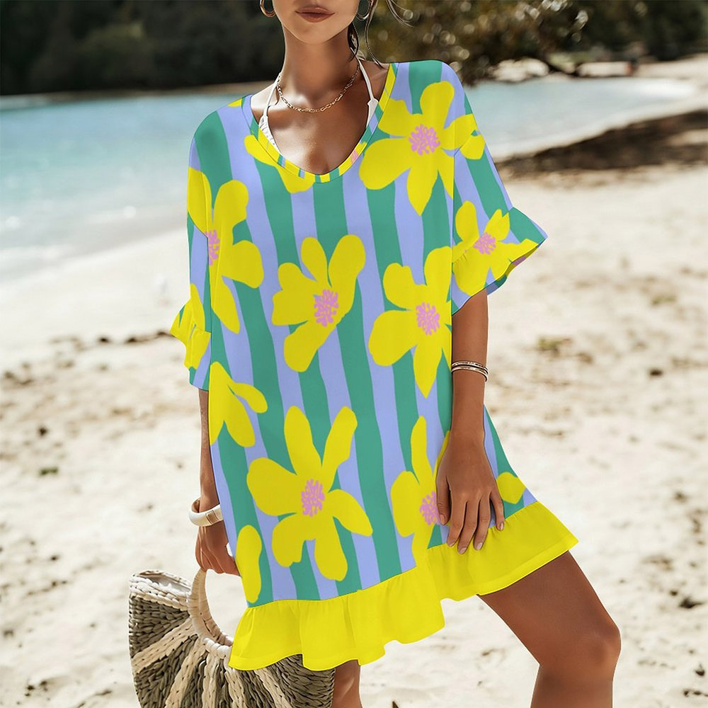 Customizable Women's Ruffled V Neck Swimsuit Cover-Up