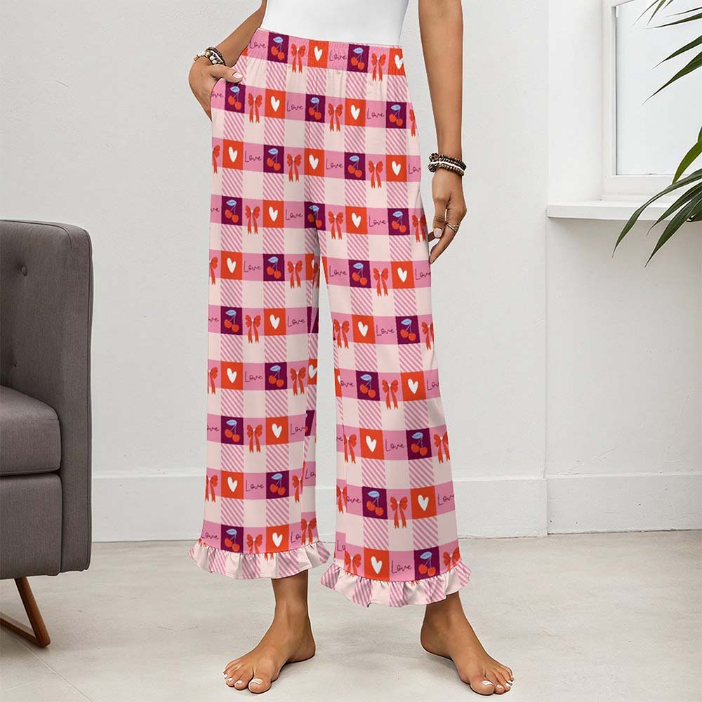 Custom Womens Elastic Waist Ruffle Hem Pocketed Wide Leg Pants