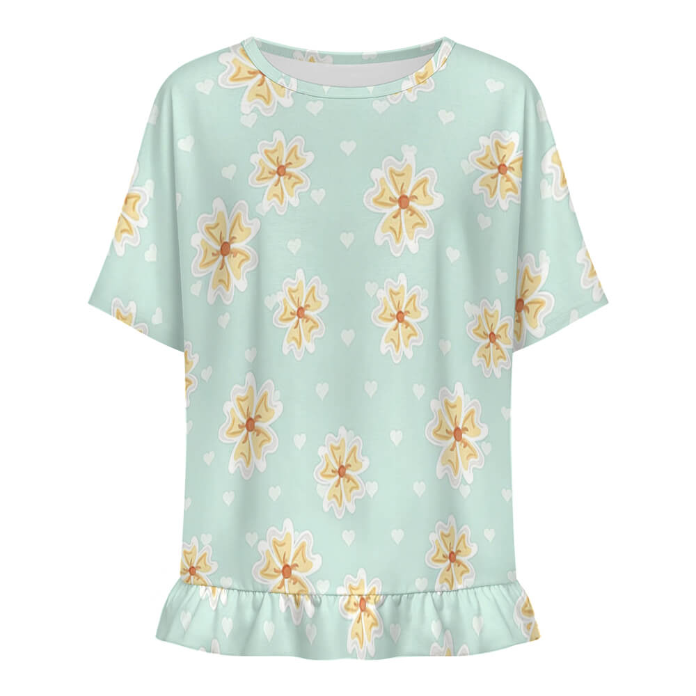 Custom Women's  Crew Neck Ruffled Hem T Shirt