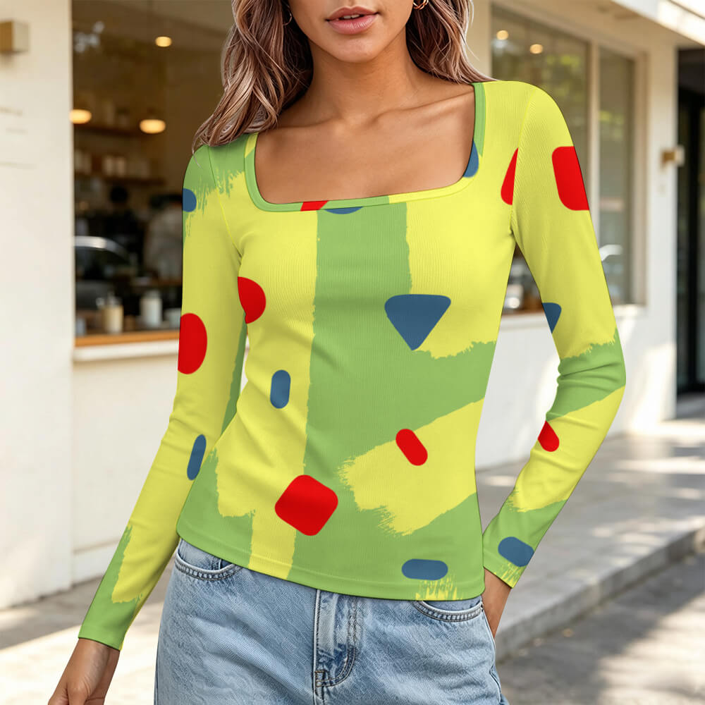 Custom Women Square Neck Long Sleeve Slim Cropped Top