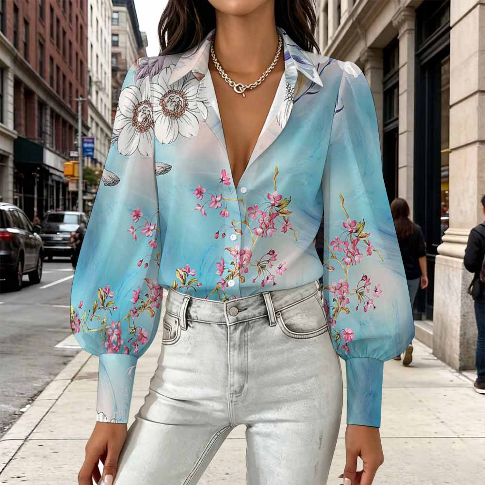Custom Women Lapel Puff Sleeve Button Casual Blouse Shirt