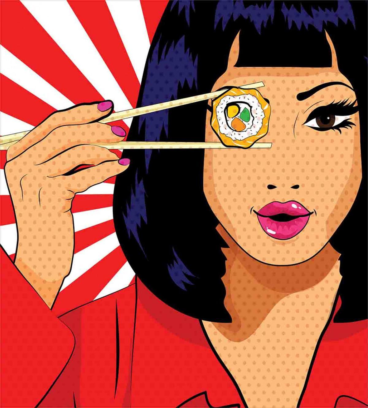 Pop Art Style Girl with Sushi — Pattern