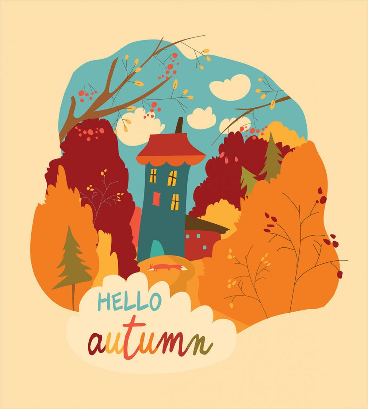 Fall Leaves Trees and House — Pattern