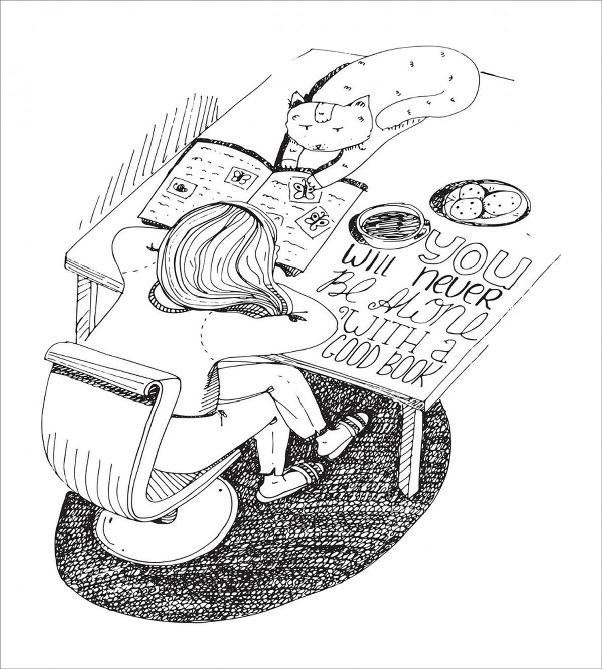 Girl and Cat Read on Desk — Pattern