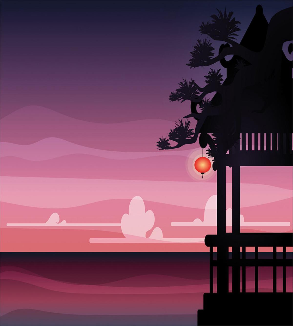 Ethnic Asian Pavilion Sunset — Pattern