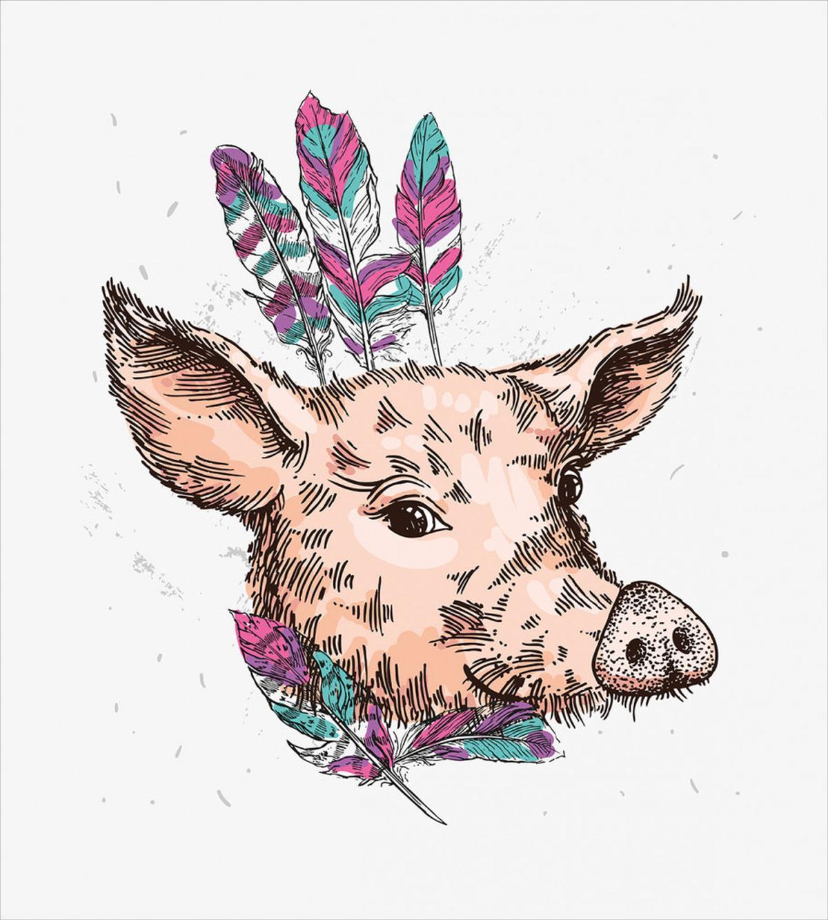 Pig Portrait Feathers — Pattern
