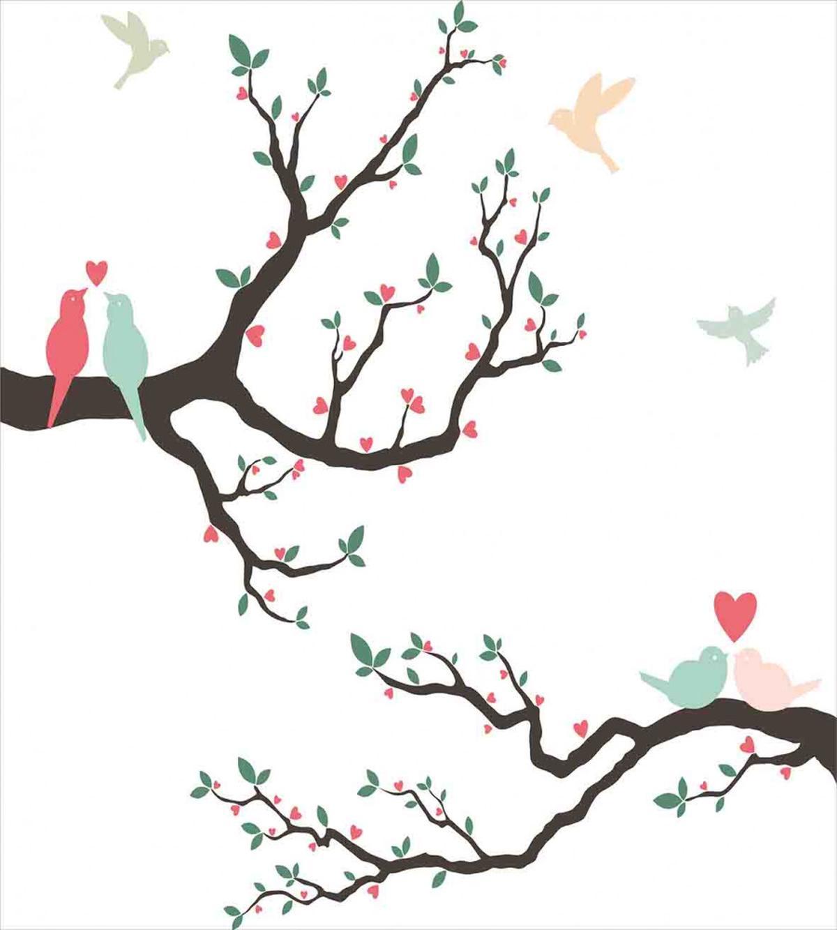 Retro Birds on Tree Branch — Pattern