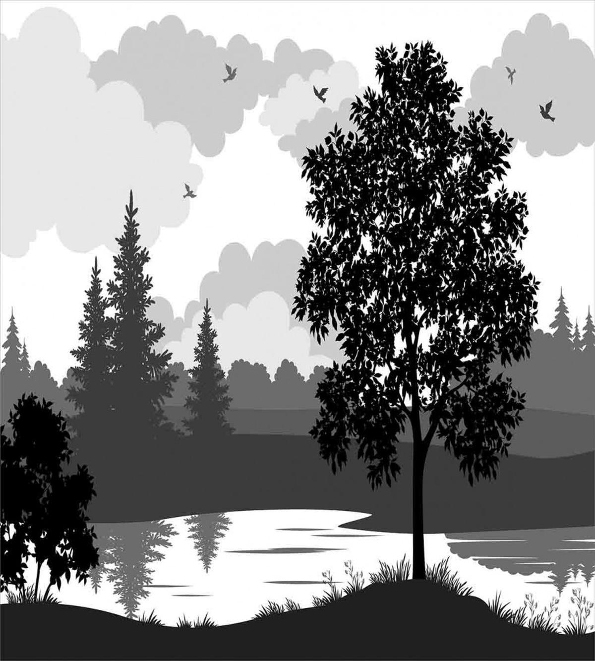 Trees Birds Cloudy Sky — Pattern