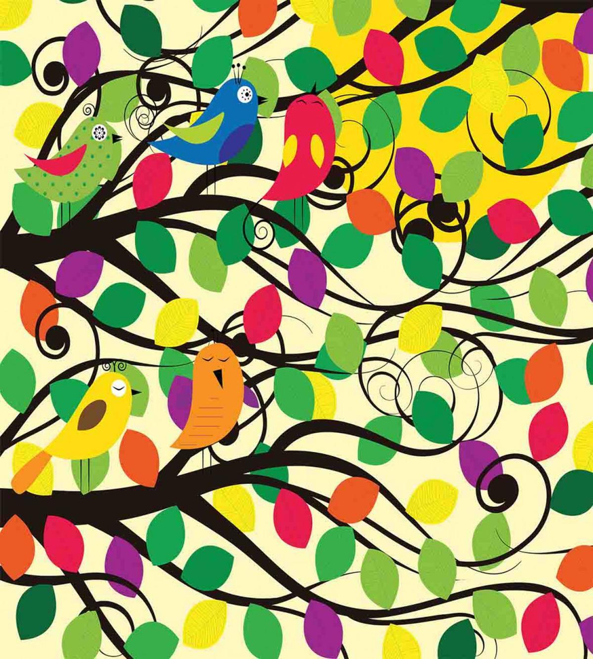 Happy Birds Colorful Tree — Pattern