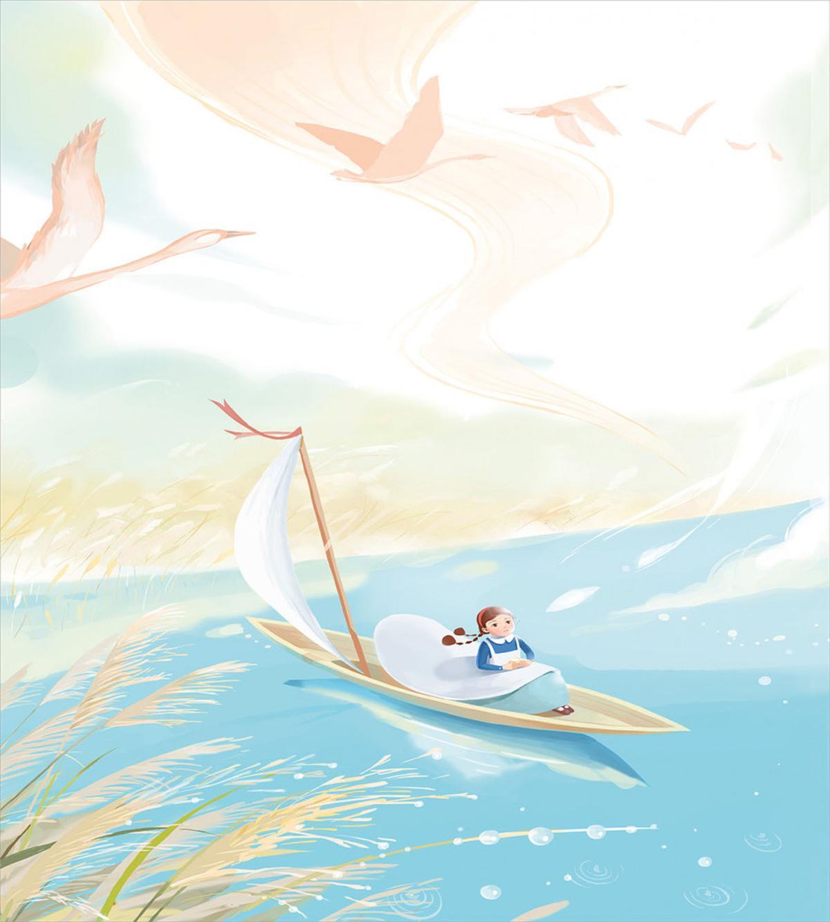 Girl in Boat on Lake Birds — Pattern