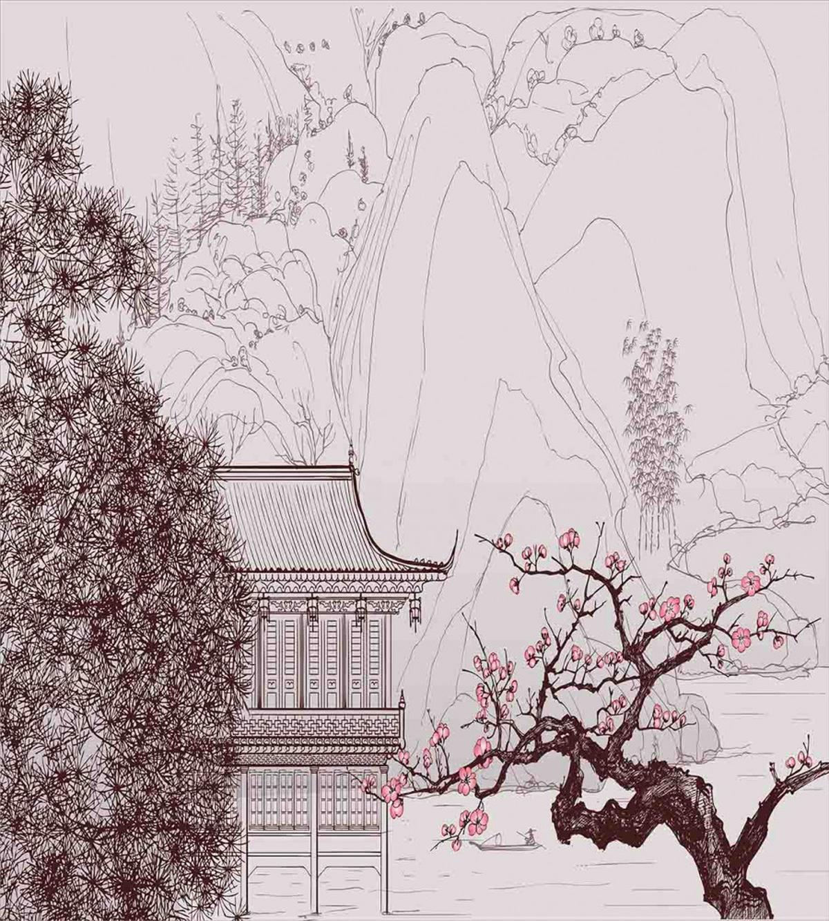Sakura Trees and Mountain — Pattern