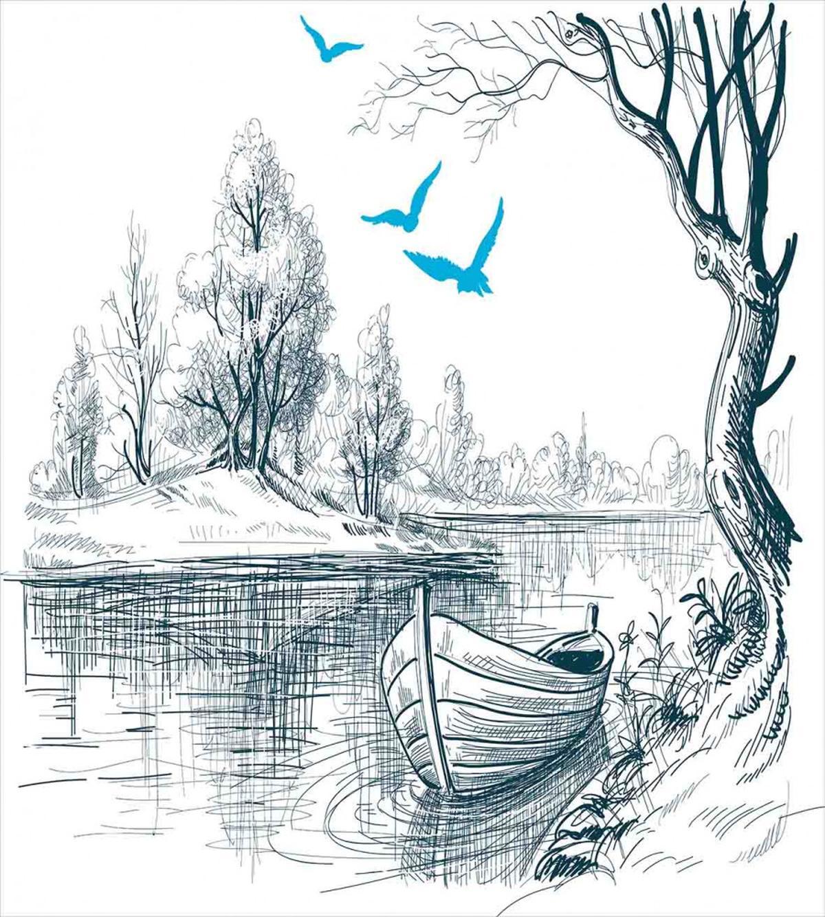 Boat on River Drawing — Pattern