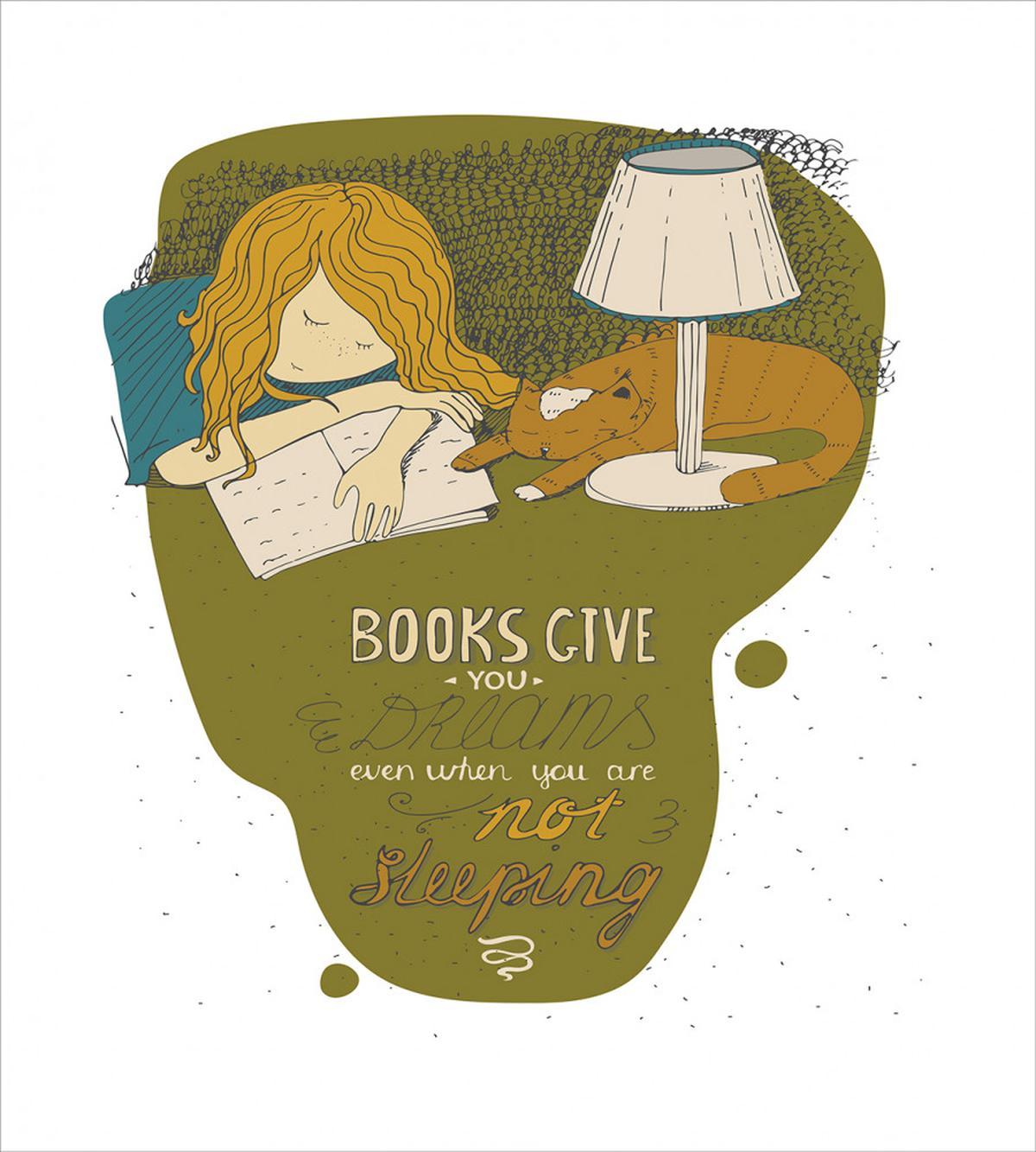 Girl and Cat Sleep on Book — Pattern