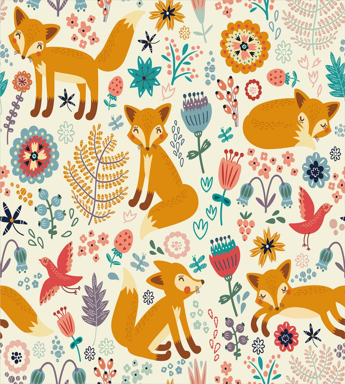 Foxes Ornate Flowers Birds — Pattern