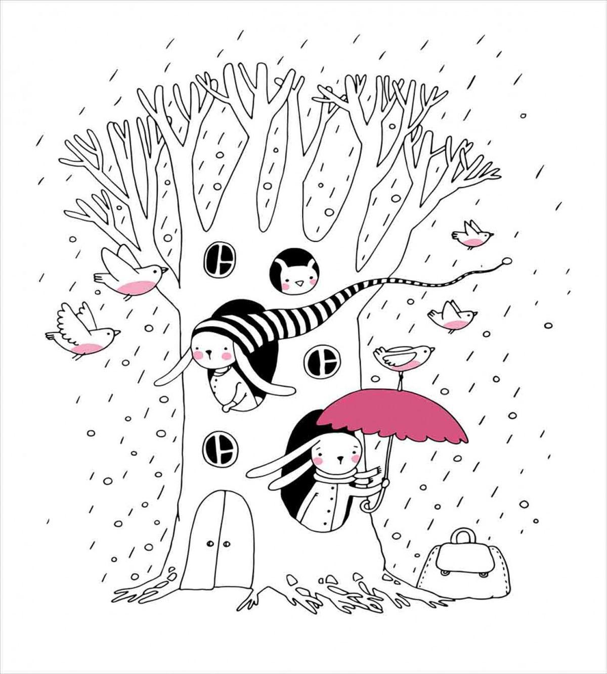 Birds Rabbits Tree Rainy — Pattern
