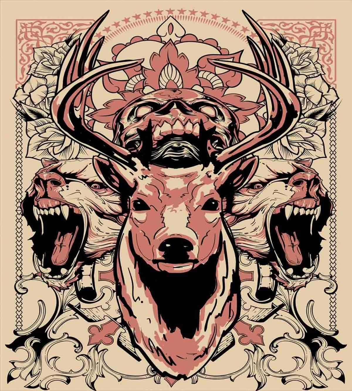 Floral Skull and Wolves — Pattern