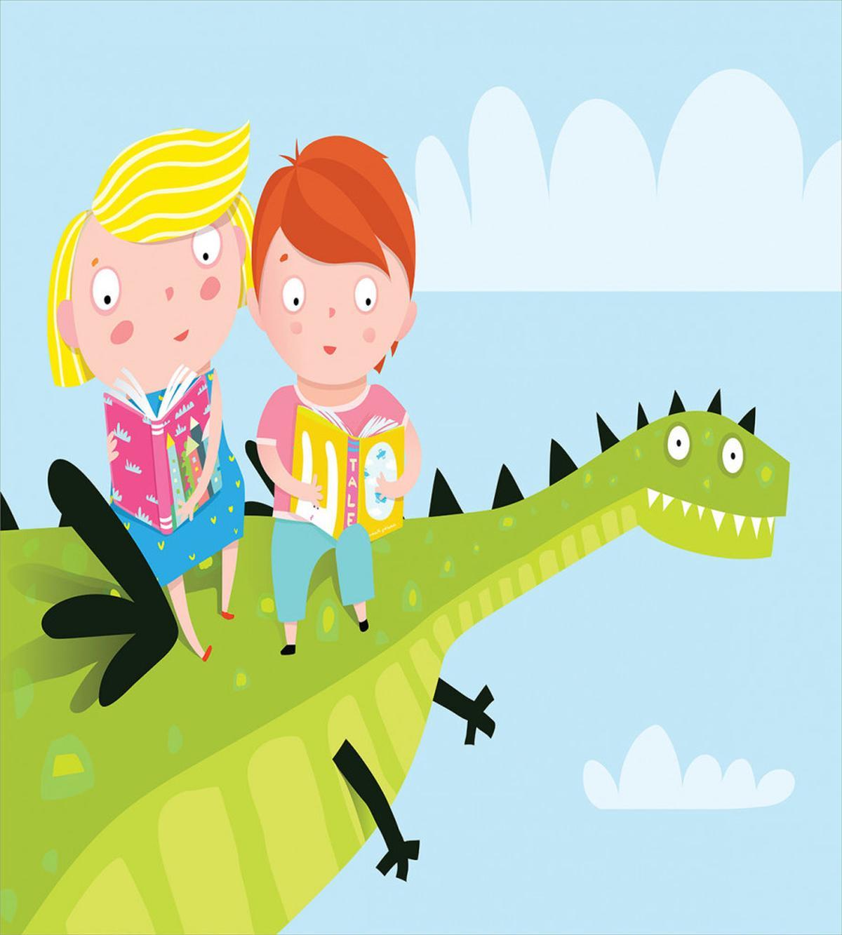 Boy Girl Sitting on Dragon — Pattern