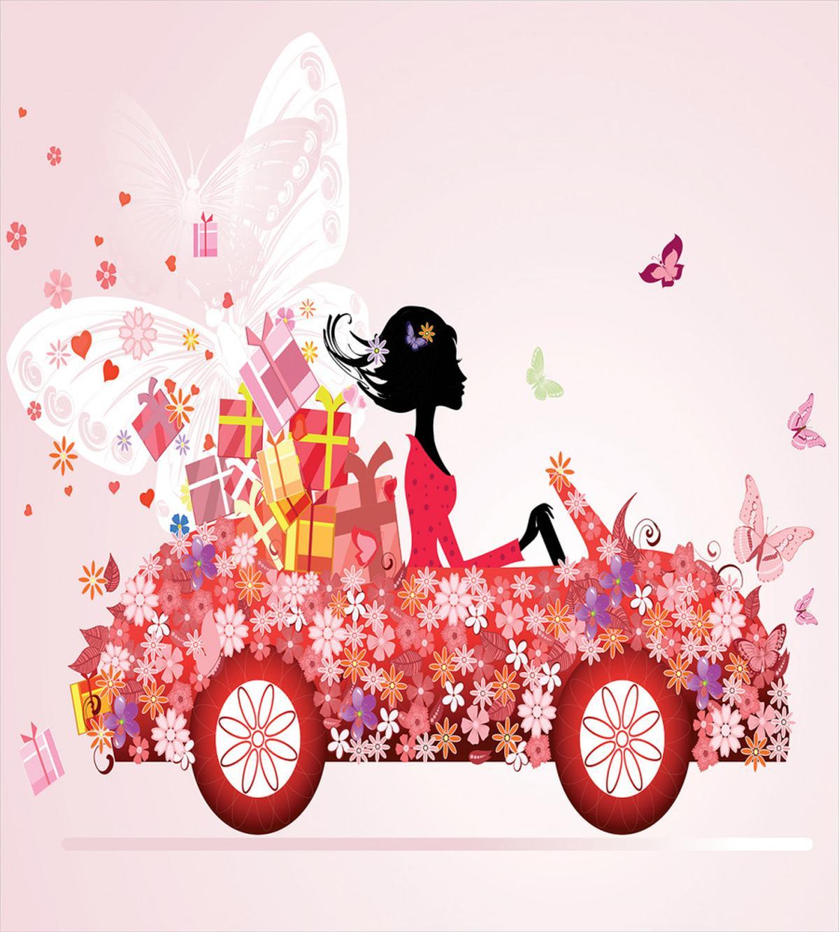 Girl on a Car Floral Box — Pattern
