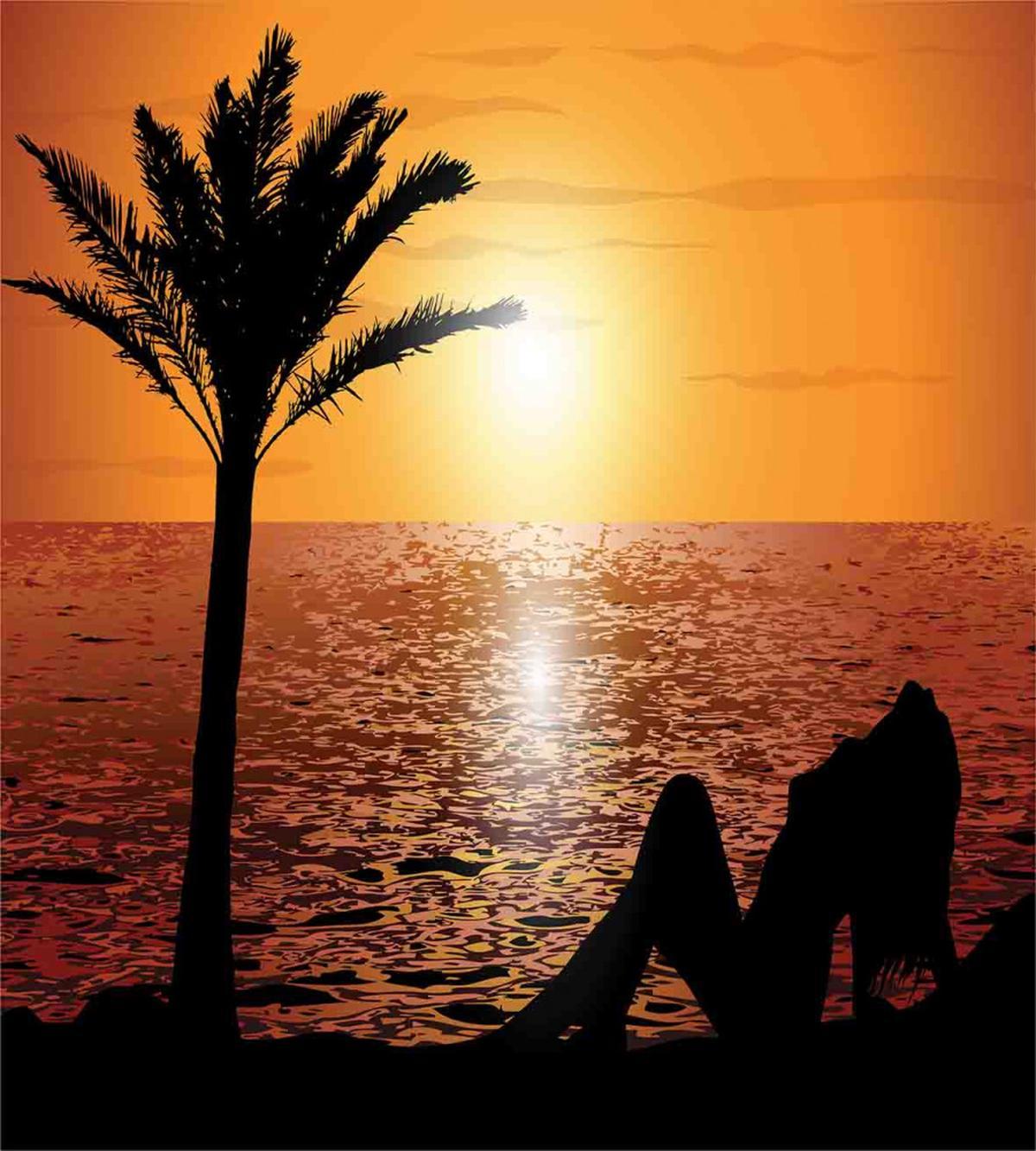 Girl Tropic Beach with Sunset — Pattern