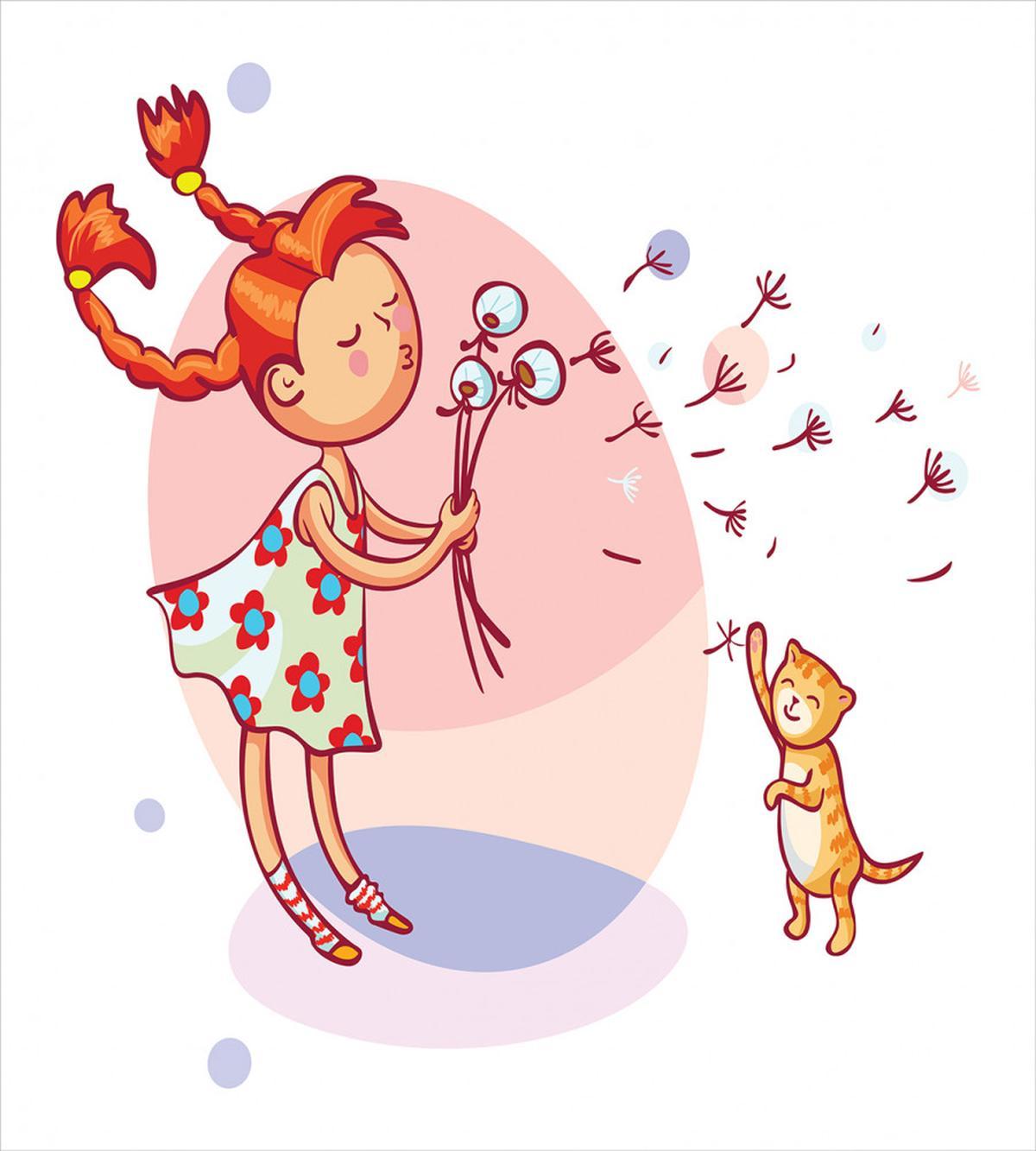 Cartoon Girl and Cat — Pattern