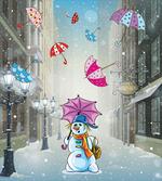 Cartoon Snowman and Umbrella