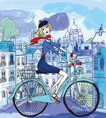 Woman on Bicycle with Cat