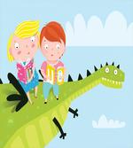 Boy Girl Sitting on Dragon artwork