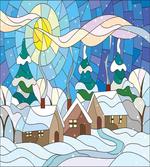 Stained Glass Snowy Village