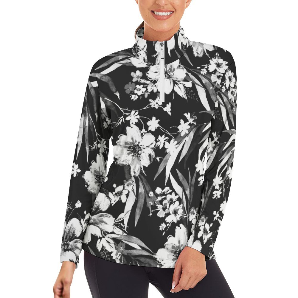 Monochrome Floral Dance Women's Long Sleeve Yoga Shirt